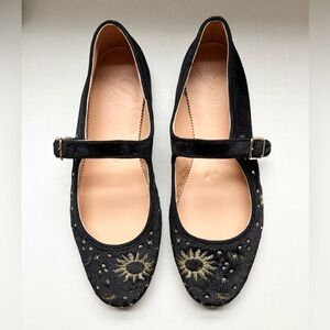 NWOT J. Crew Black Velvet Mary Jane Flats Metallic Moon & Stars Embroidery. Sz 7
